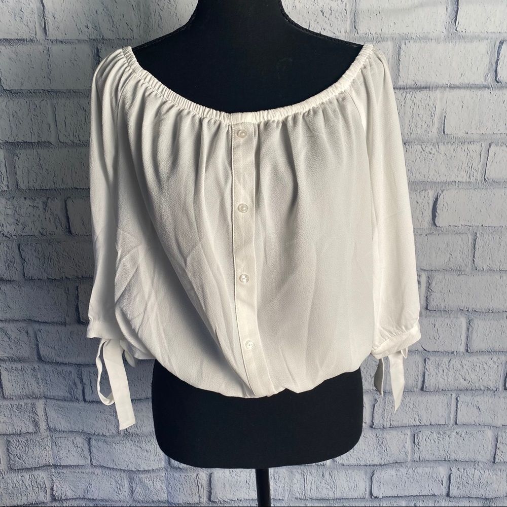 Ambiance Juniors Tie Sleeve Off Shoulder Top